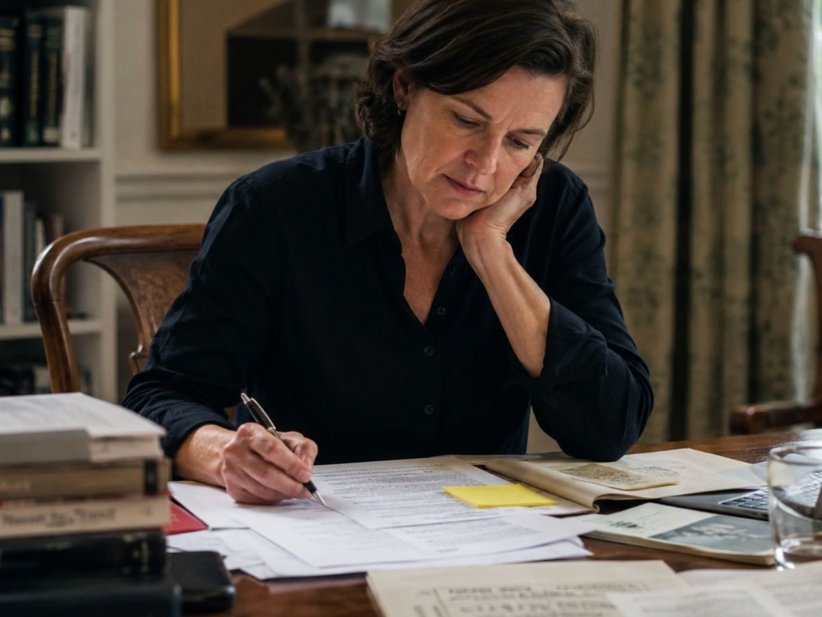 Editora revisando um manuscrito anotado à mão, com notas editoriais e posicionamento.