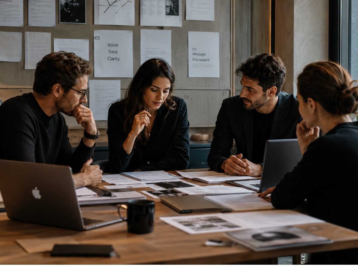 Pequena equipe editorial revisando rascunhos impressos e páginas anotadas ao redor de uma mesa.